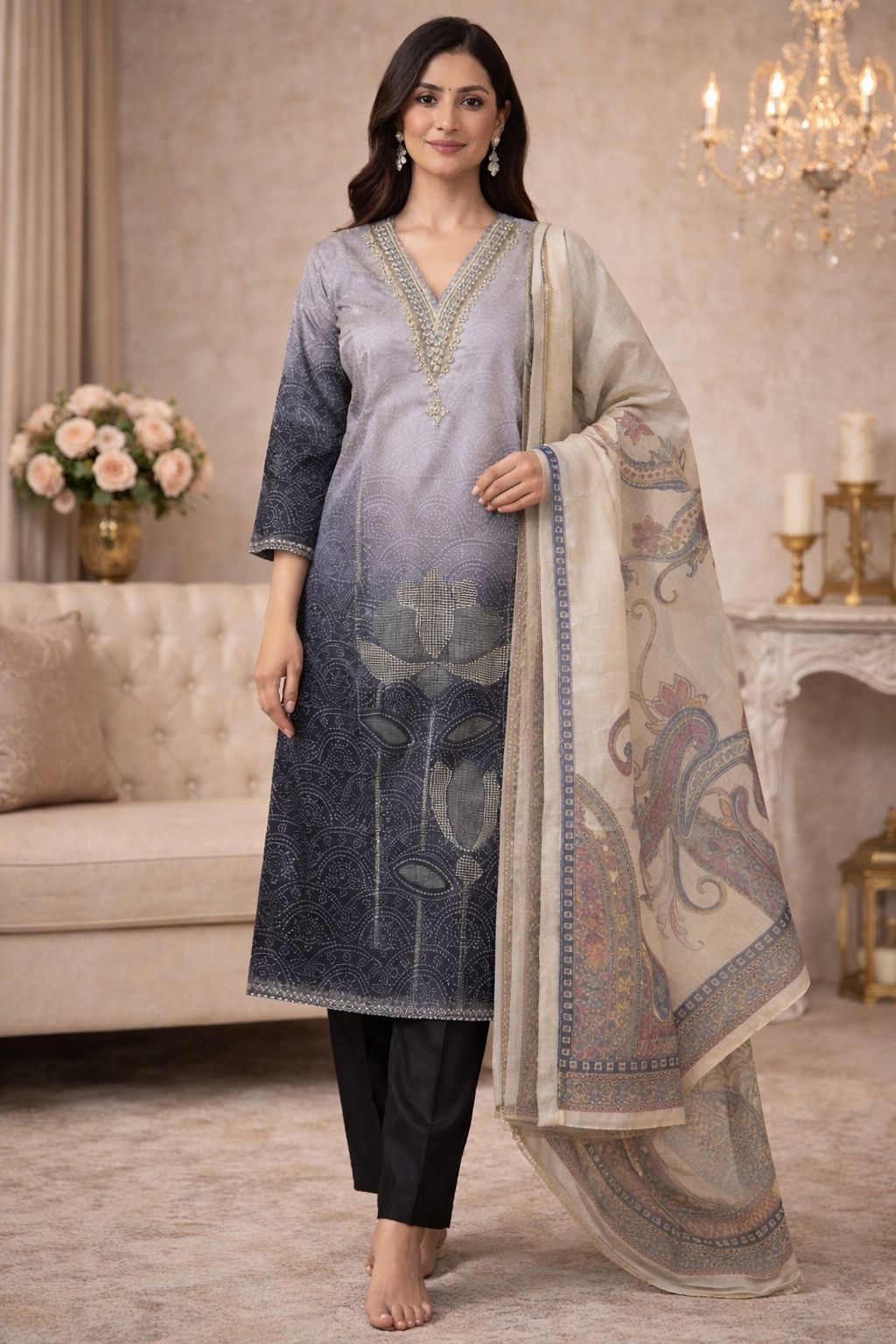 BLACK WITH LITTLE WHITE DOTTED KURTA SET